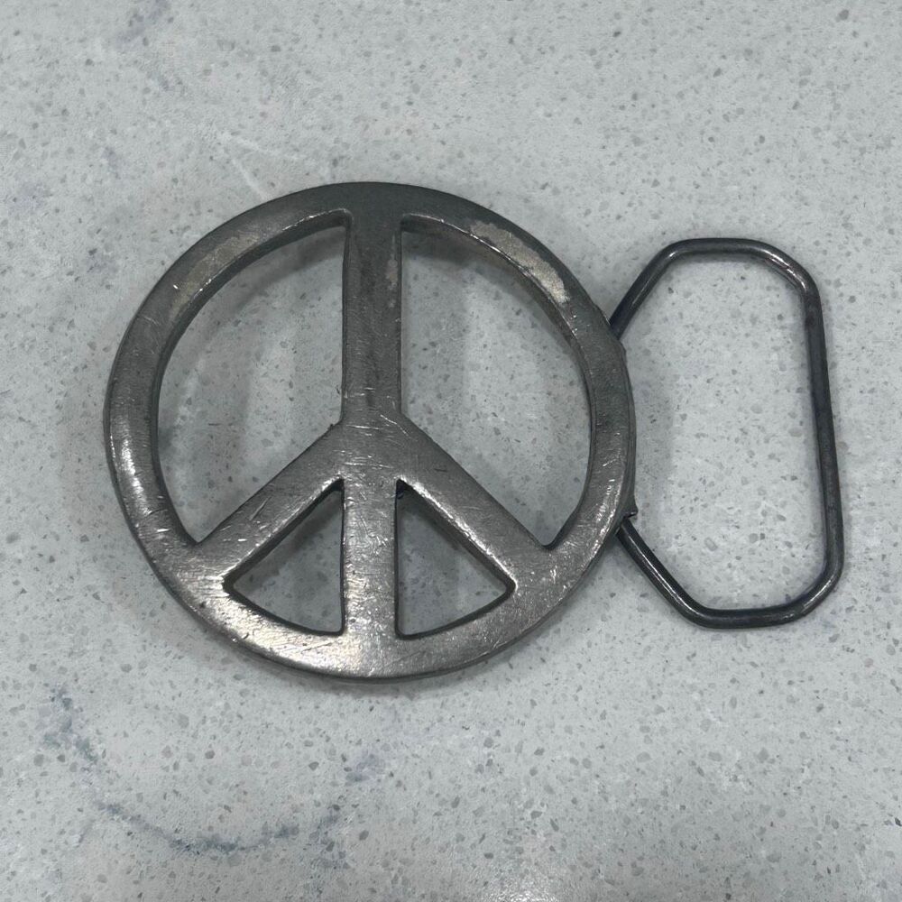 Vintage Peace Sign Belt Buckle Silver-tone 1991 Die Cut 2 1/2” Open Design